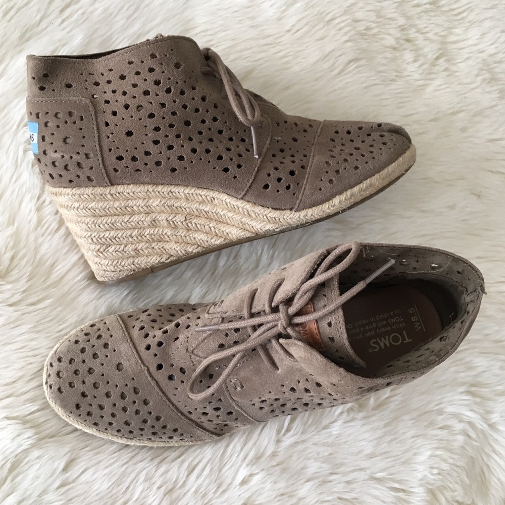 TOMS Laser cut Suede Wedge Booties
